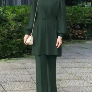 Middle East Turkey Muslim Sets for Women, Round Neck, Long Sleeve Abayas, Belt Elastic Waist Jacket and Trousers, New, 2022