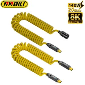 NNBILI 140W USB 3.2 20Gbps USB C to Type C ThunderBolt 3 Spring Retractable Cable PD3.1 5A USB-C Cord For MacBook Samsung Xiaomi