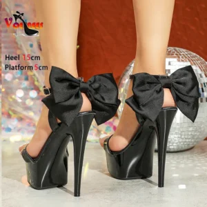 15CM Stiletto Runway Model Shoes 2024 New Summer Party Dress High Heels 5CM Platform Black Pole Dance Shoes Ladies Bow Sandals