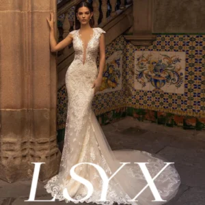 LSYX Customized Deep V Neck Sheer Mesh Back & Sleeves Lace Embroidered Mermaid Wedding Dress Train Bridal Attire Luxurious Roman
