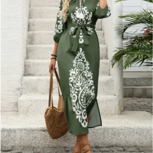 Personalized Retro Ethnic Style Printed Skirt Slit Dress for Leisure Vacation, Elegant High Waisted Dress for Women In Summer