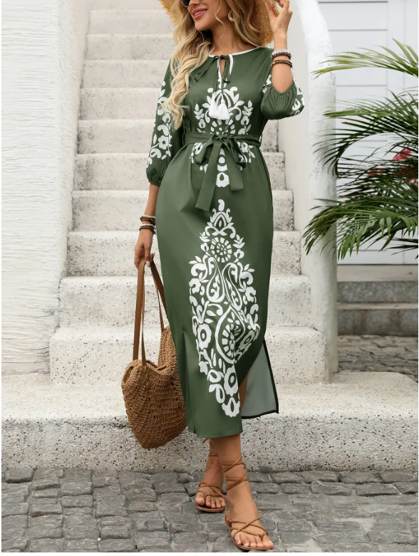 Personalized Retro Ethnic Style Printed Skirt Slit Dress for Leisure Vacation, Elegant High Waisted Dress for Women In Summer