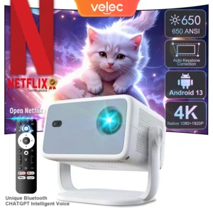 Velec Projector Netflix Certification 650ANSI Android 13 Portable 4K Native Wifi6 BT5.2 1080P TP350 Auto Keystone Correction