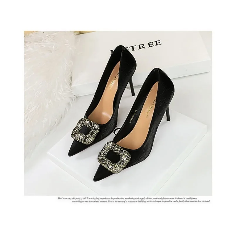 BIGTREE Sexy Classic High Heels Women Pumps Wedding Rhinestone Silk 9.5CM Thin Heels Sexy Office Ladies Slip on Shoes Woman – Image 5