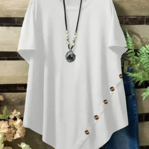 Plus Size New Summer Women's Solid Color Tops Round Neck Button Decoration Creative Clothing Irregular Hem Short Sleeved T-shirt