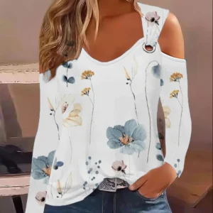 Shirt Women Blouse Print Off Shoulder Long Sleeve Sexy Party Autumn Spring Top Shirts Office Lady Tops 2025 Streetwear Tee