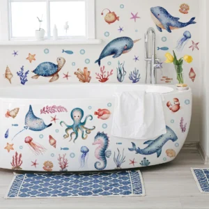 Cartoon Sea Turtle Seahorse Wall Stickers Kids Room Bathroom Decoration Mural Home Decor Self-adhesive Marine Animals Wallpaper