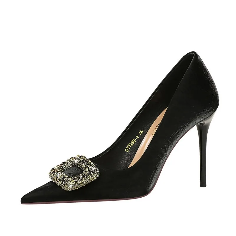 BIGTREE Sexy Classic High Heels Women Pumps Wedding Rhinestone Silk 9.5CM Thin Heels Sexy Office Ladies Slip on Shoes Woman – Image 3