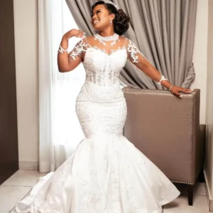 2025 Custom Saudi Sheer O Neck Mermaid Wedding Dresses Beads Pearls Long Sleeve Bride Formal Dress Lace Appliques Bridal