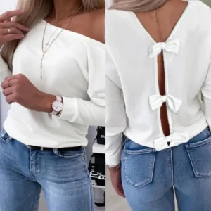 Simple Fashion Women's T-Shirt Autumn Casual Abstract Jacquard Pattern Bow Decoration Hollow Daily Women's Long Sleeved T-Shirt