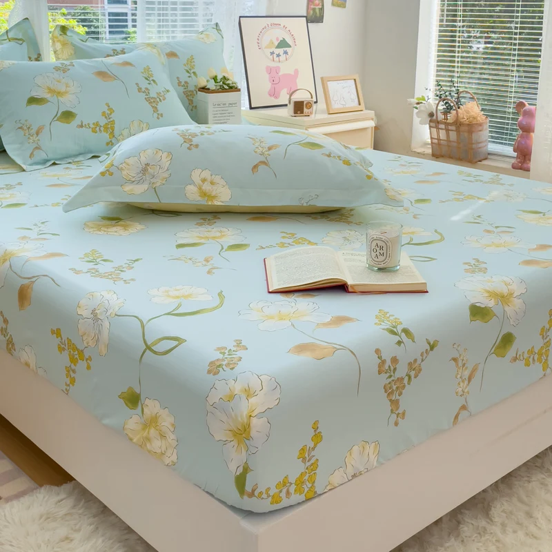 100%Cotton Bed Sheets Flower Printed Fitted Sheets for Bed sábanas para camaQueen/King Bed Sheet Cotton(without pillowcase)