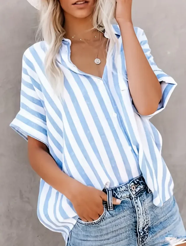 Women's Temperament Blouses 2025 Spring Summer Casual Commuting Printed Striped Contrasting Short Sleeved Cardigan Shirt Top