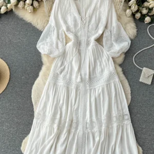 Spring Summer Elegant White Lace Dress Women Fashion V-neck French Long Dresses Ladies Vintage Embroidered Long Robe Vestidos