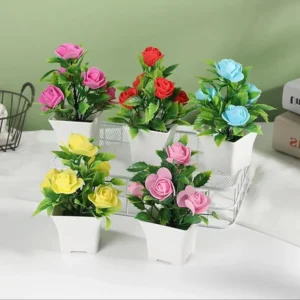 Fake Potted Plant Artificial Rose Bonsai Beautiful Artificial Flower Pot Small Pot Home Room Table Decoration Hotel Garden Decor