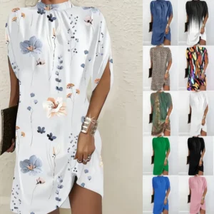 Women Dresses Batwing Sleeve Dress Print O Neck Knee Length Loose Fit Straight Slight Strech Summer Basics Casual Spliced