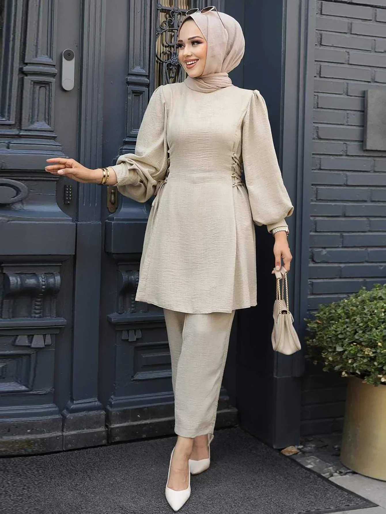 2 Piece Set for Muslim Women Long Sleeve Lace Up Tops and Pants Sets Turkey Abaya Islamic Solid Outfits Arab Kaftan Tracksuit – Image 4