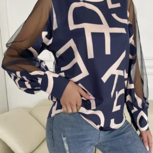 Casual Women's Blouse Elegant O-Neck Mesh Lantern Sleeve Patchwork Letter Printed Top Loose Commuting Elegant Women's Shirts