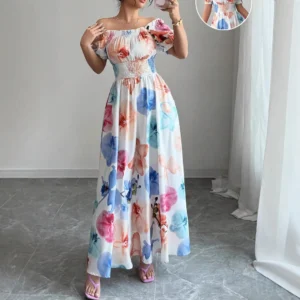 Slash Neck Sexy Print Dresses Women High Waist Dress Sleeve Vestidos Loose Ankle Length Length 2025 Spliced Shirring Summer