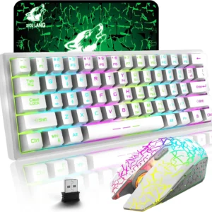 T61 Wireless Gaming Keyboard and Mouse Combo, Ergonomic 61 Key Rainbow LED Backlight Rechargeable 4000mAh Battery Mouse Pad