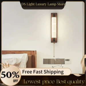 American Vintage Bedroom Bedside Wall Lamps PE Lampshade Solid Wood Base Hallway Aisle Stair Wall Light for Living Room Entrance