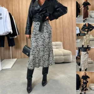 Women Skirts Zipper Fly Print Ankle Length Skirt Spliced Loose Slim Fit High Waist Sexy Wrap Buttocks Skirts 2025 Summer